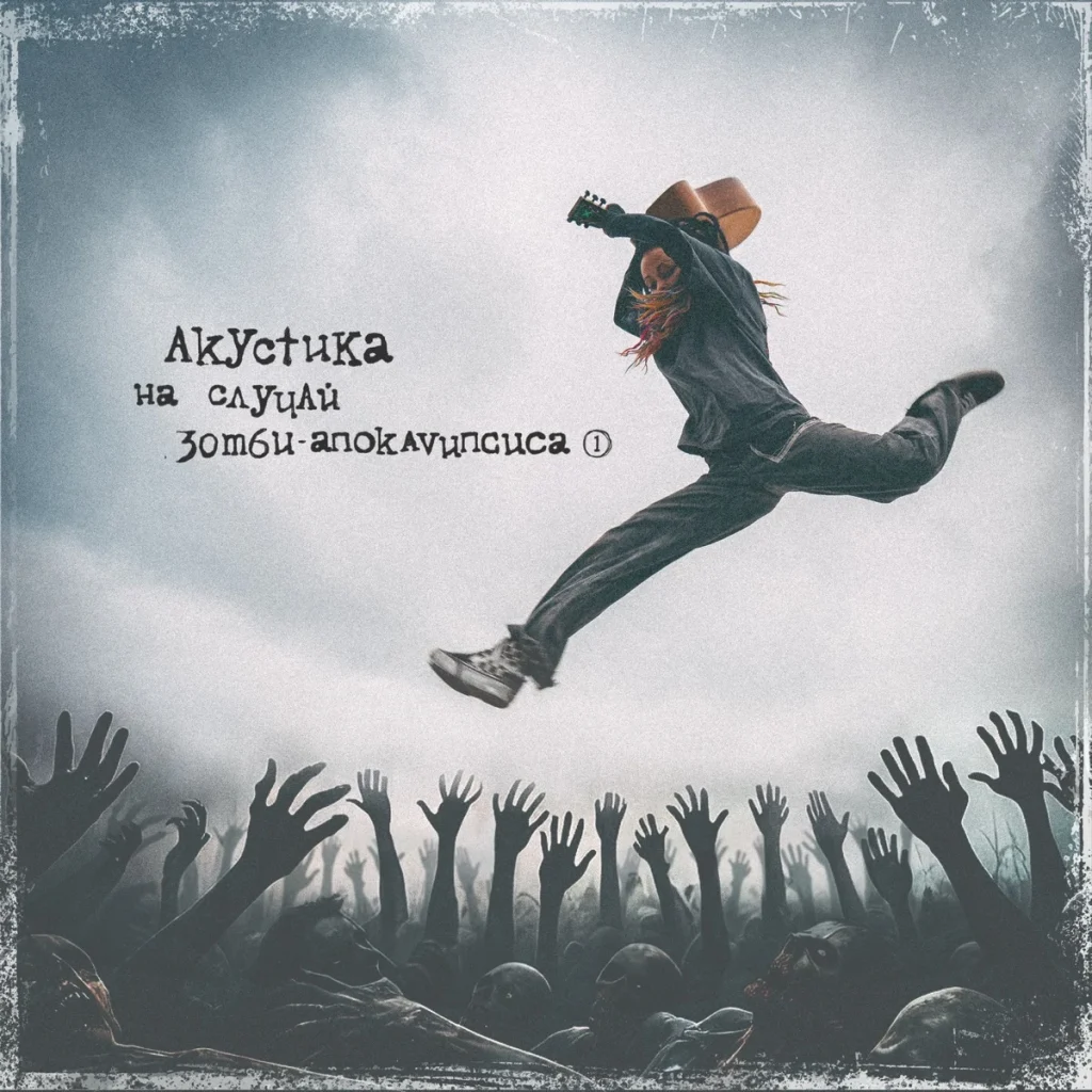 A person with an acoustic guitar leaping above zombies’ raised hands, with the words “Akustika na sluchay zombi-apokalipsisa 1”
